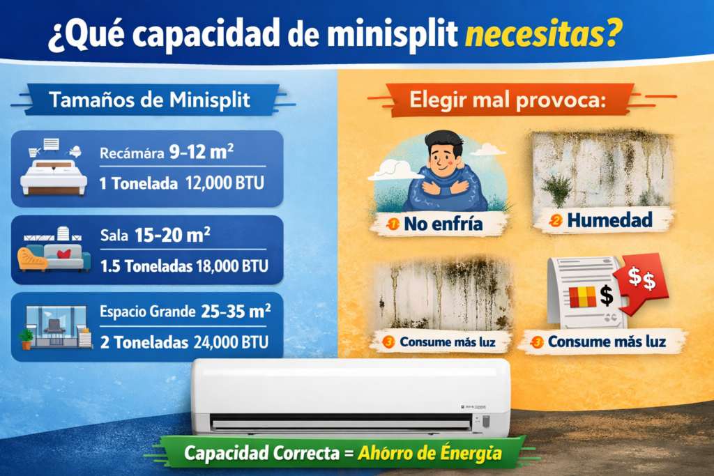 capacidad de minisplit BTU según tamaño de habitación