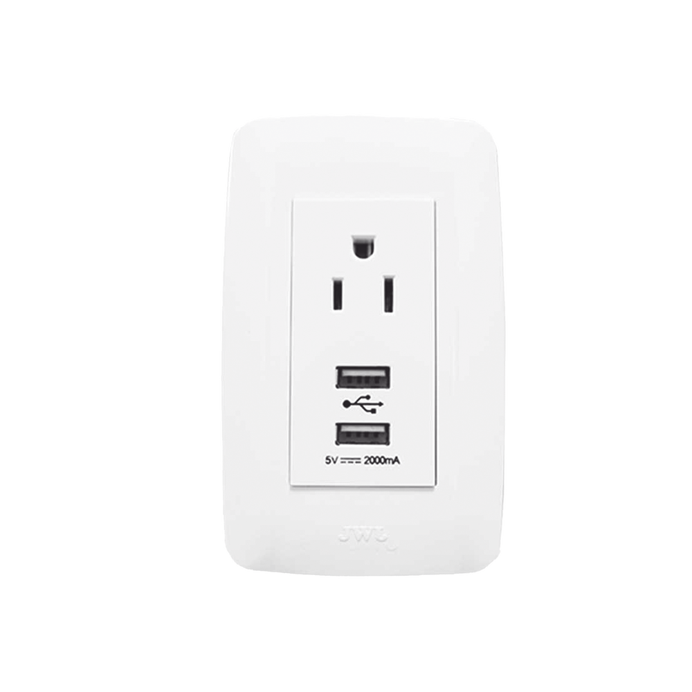 Placa con 1 Tomacorriente 15 A/ 127 V CA y Conector USB tipo hembra 5 VCD/ 2A / Color Blanco. , JTL-C7370