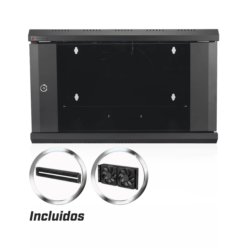 Gabinete de Pared PRECISION 19 in 6UR (455mm) - Cristal Templado. Incluye: 2 Ventiladores y Panel Cepillo
